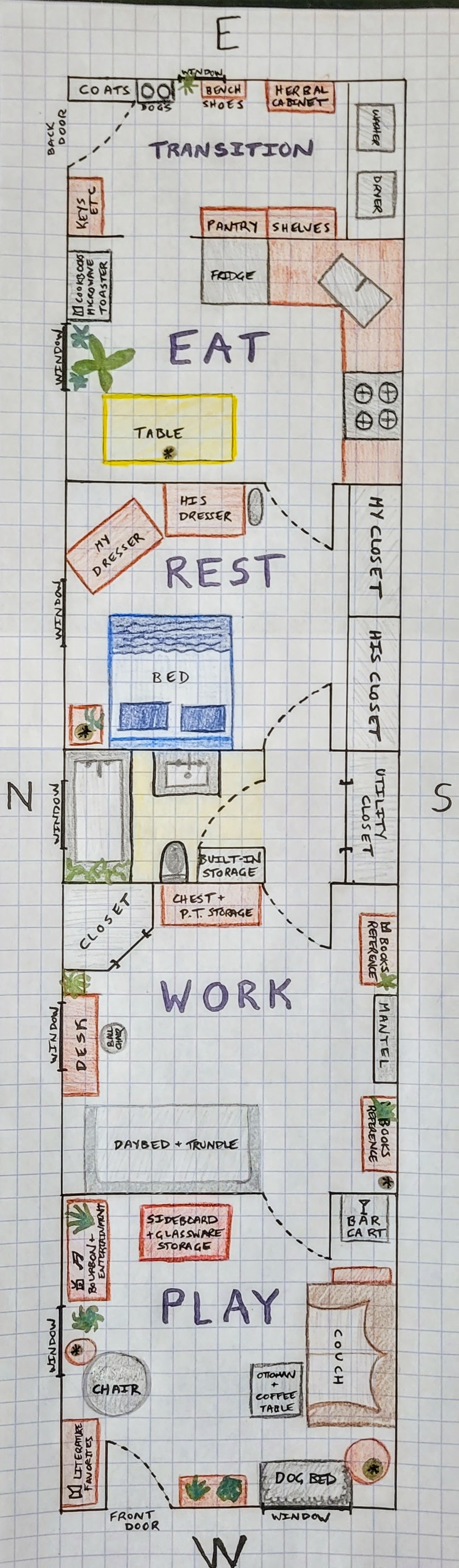 Image is a hand-drawn floorplan of a railroad style apartment on graph paper, with rooms labeled Transition, Eat, Rest, Work, and Play.